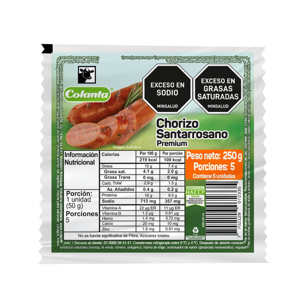CHORIZO COLANTA SANTA ROSANO PREMIUM 5X250
