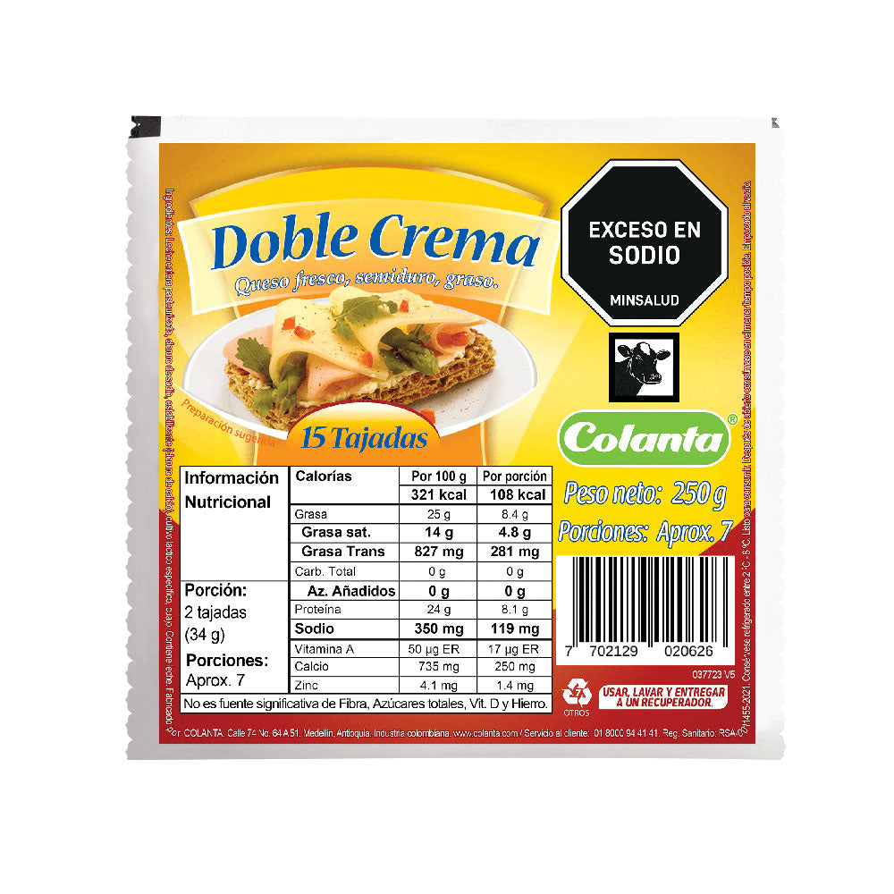 QUESO COLANTA DOBLE CREMA TAJADO 15X250